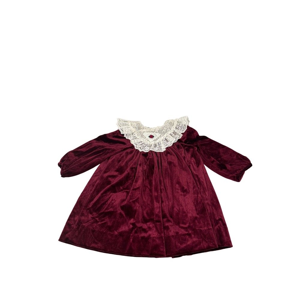 Rare Editions Vintage Burgundy Velvet Lace Collar Rose Dress Kids 4T Made in USA